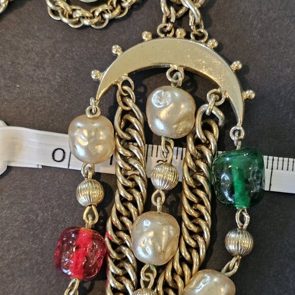 VTG 60s Multi-strand Bib Necklace Goldtone Glass Beads Red Pink Green MCM 17-20" - Picture 11 of 11